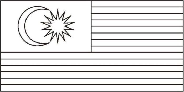 Bandeira da Malásia para colorir, exibindo lua crescente e estrela de 14 pontas sobre listras horizontais.