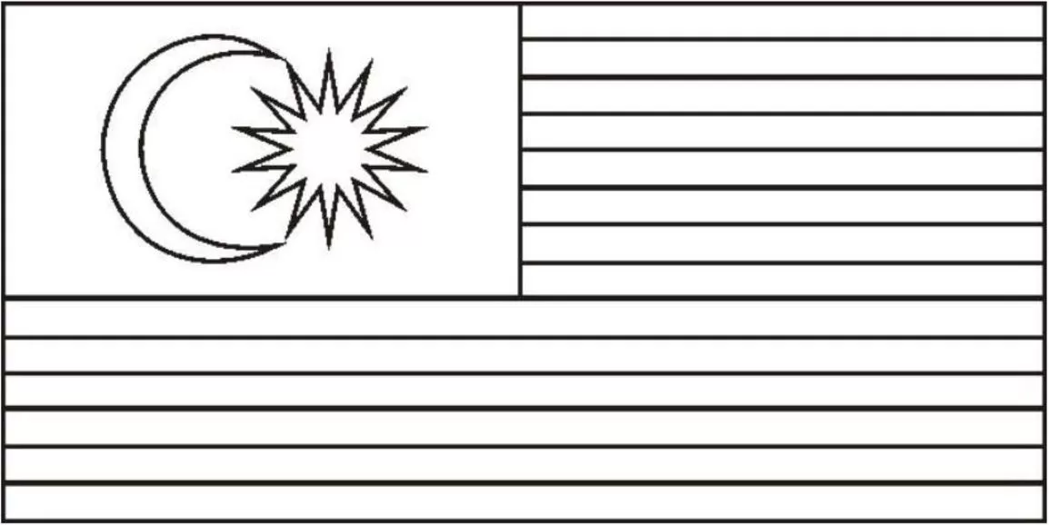 Bandeira da Malásia para colorir, exibindo lua crescente e estrela de 14 pontas sobre listras horizontais.