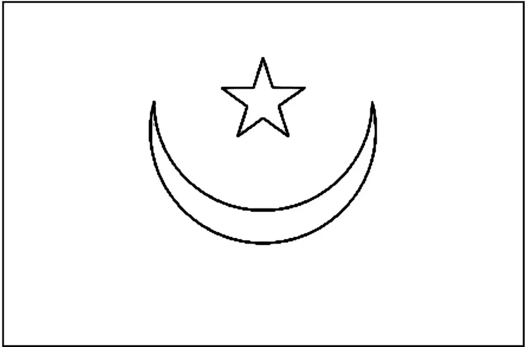 Bandeira da Mauritânia na letra M. Símbolo nacional com fundo branco, estrela e crescente desenhados em linhas pretas.