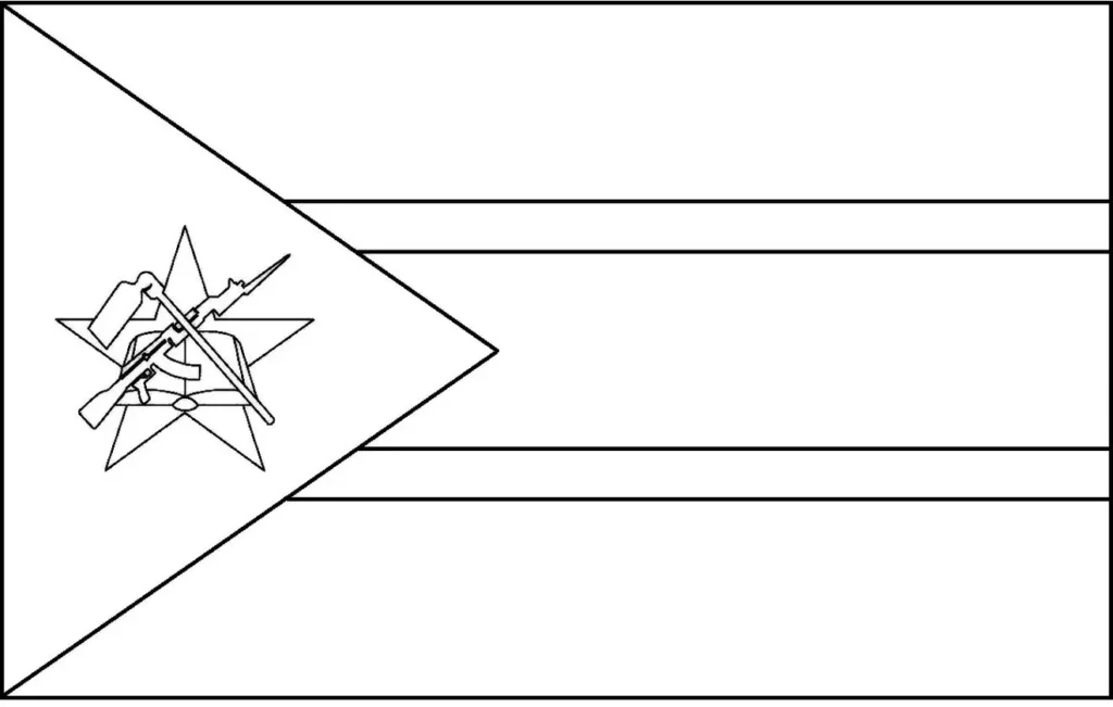 Bandeira de Moçambique integrada na letra M. Design com rifle, enxada e estrela sobre triângulo e faixas horizontais.