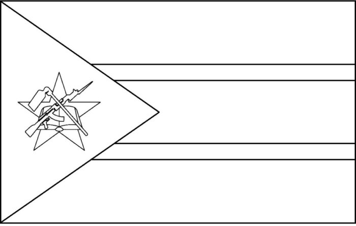 Bandeira de Moçambique integrada na letra M. Design com rifle, enxada e estrela sobre triângulo e faixas horizontais.