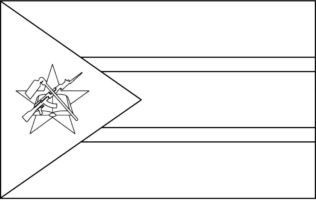 Bandeira de Moçambique integrada na letra M. Design com rifle, enxada e estrela sobre triângulo e faixas horizontais.