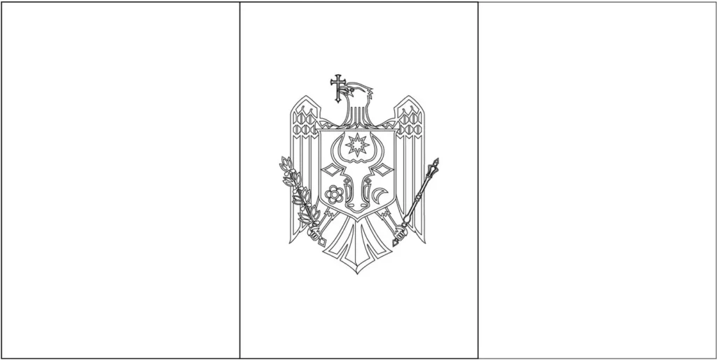 Bandeira da Moldávia. Tricolor vertical com azul, amarelo e vermelho, exibindo o brasão de armas nacional com águia, uro, flor e lua crescente.