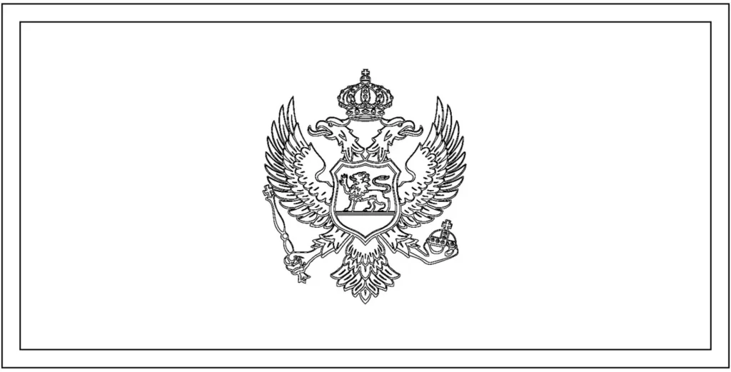 Bandeira de Montenegro na letra M: brasão com águia bicéfala coroada, cetro, orbe e leão passante em escudo.
