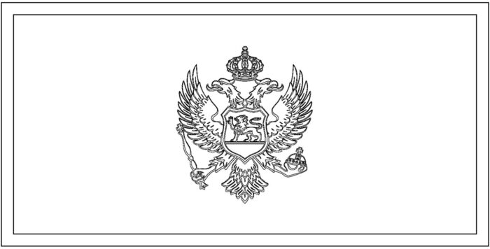 Bandeira de Montenegro na letra M: brasão com águia bicéfala coroada, cetro, orbe e leão passante em escudo.