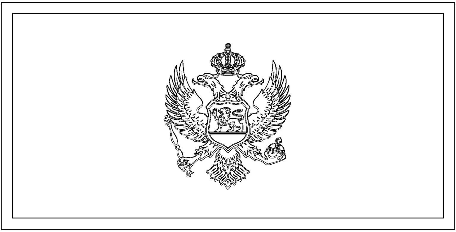 Bandeira de Montenegro na letra M: brasão com águia bicéfala coroada, cetro, orbe e leão passante em escudo.