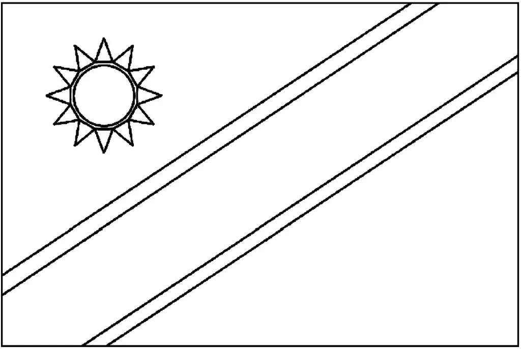 Desenhos das Bandeiras dos Países na letra N Namíbia Bandeira da Namíbia na letra N. Sol estilizado no canto superior esquerdo e faixas diagonais.
