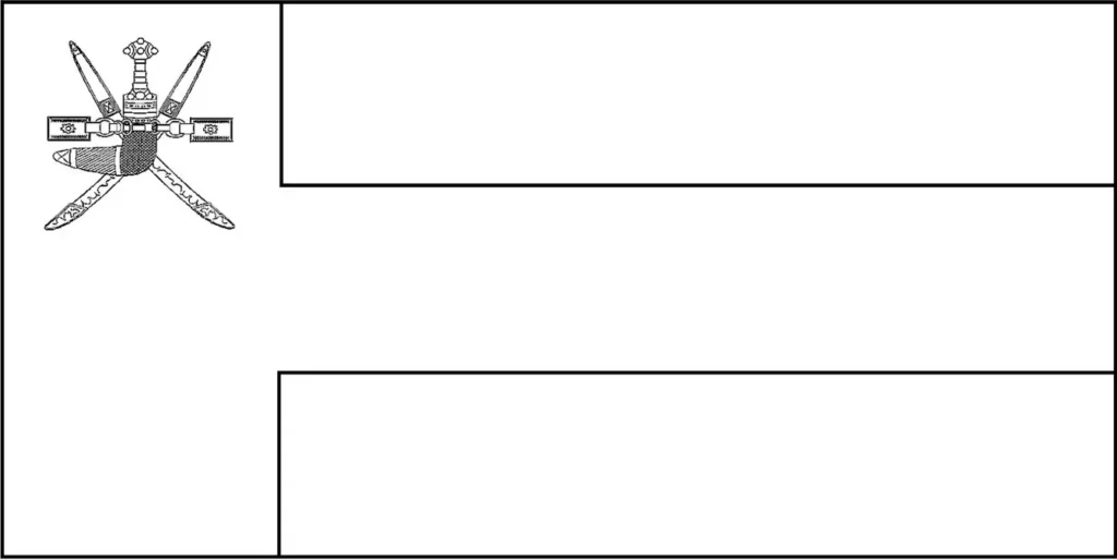 Desenhos das Bandeiras dos Países na letra O Omã Bandeira de Omã na letra 'O'. Emblema nacional com cimitarra e espadas cruzadas.