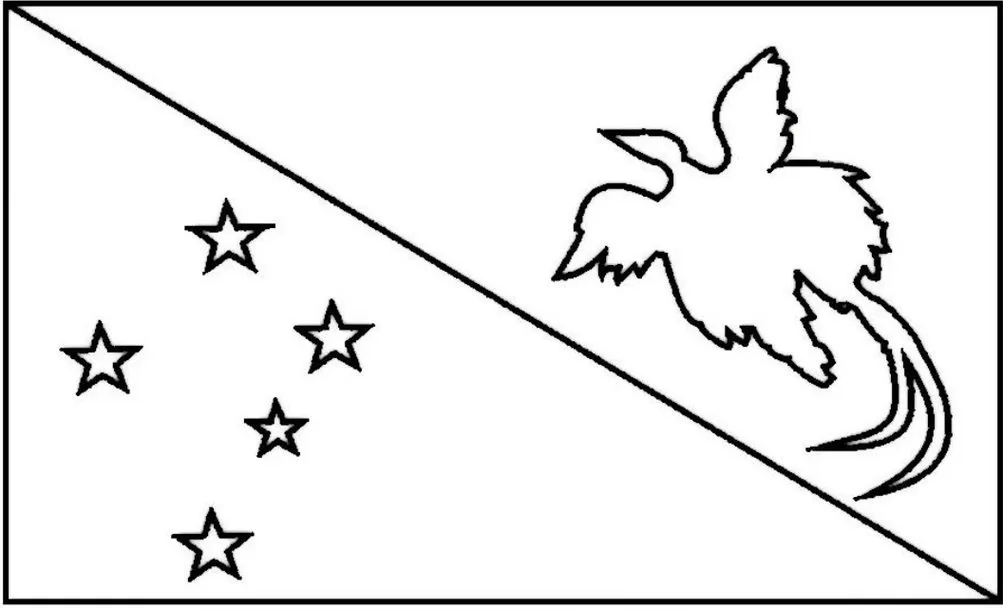 Desenhos das Bandeiras dos Países na letra P Papua Nova Guine Bandeira da Papua Nova Guiné desenhada na letra P. Lado inferior esquerdo com cinco estrelas e lado superior direito com um pássaro-do-paraíso.