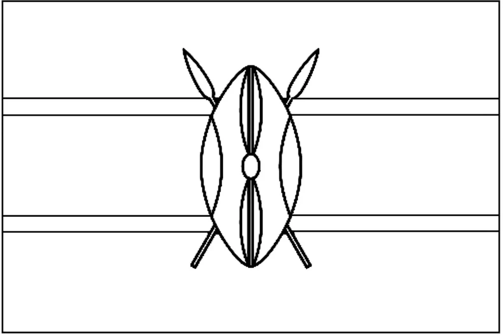 Desenhos das Bandeiras dos Países na letra Q Quênia Bandeira do Quênia desenhada na letra Q. Listras horizontais preta, vermelha e verde, separadas por branco. Escudo Masai e lanças.