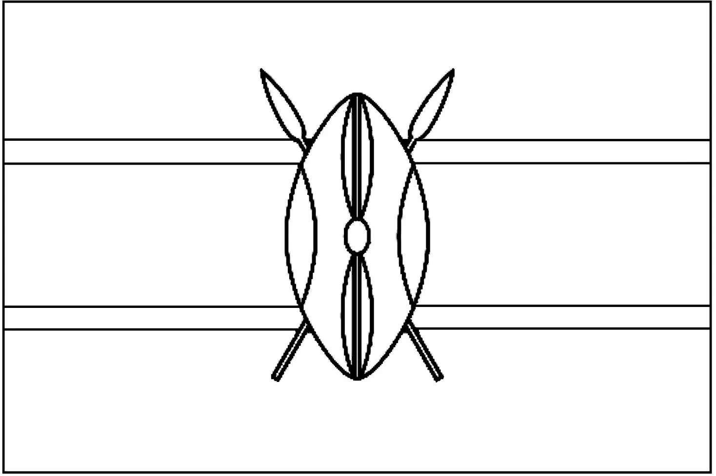 Bandeira do Quênia desenhada na letra Q. Listras horizontais preta, vermelha e verde, separadas por branco. Escudo Masai e lanças.