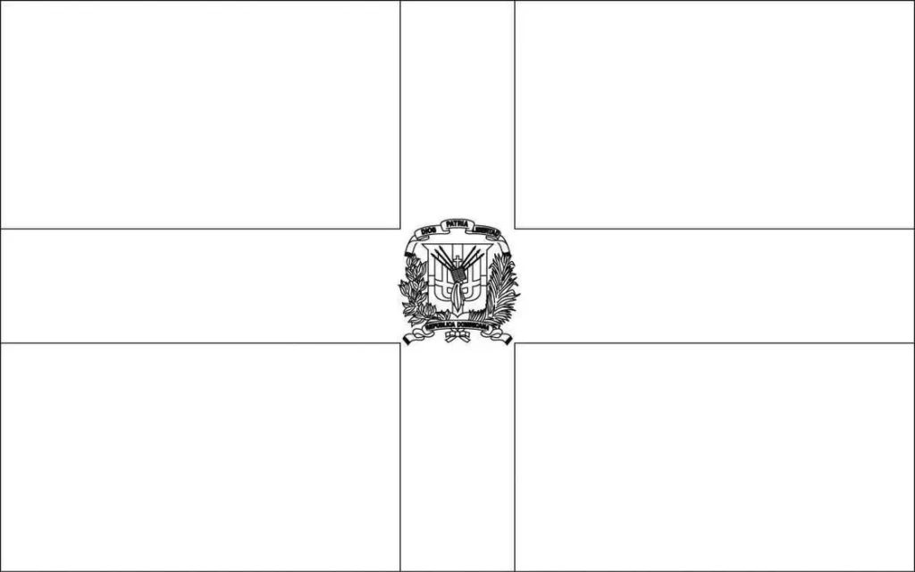 Bandeira da República Dominicana dentro da letra R. Cruz e brasão de armas dominicano.