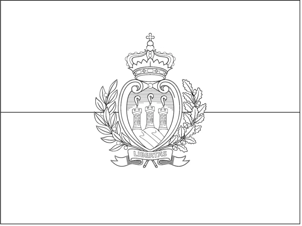 Bandeira de San Marino na letra S: faixas branca e azul celeste com brasão de armas centralizado.
