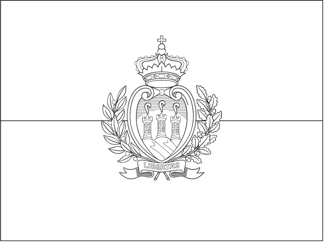 Bandeira de San Marino na letra S: faixas branca e azul celeste com brasão de armas centralizado.