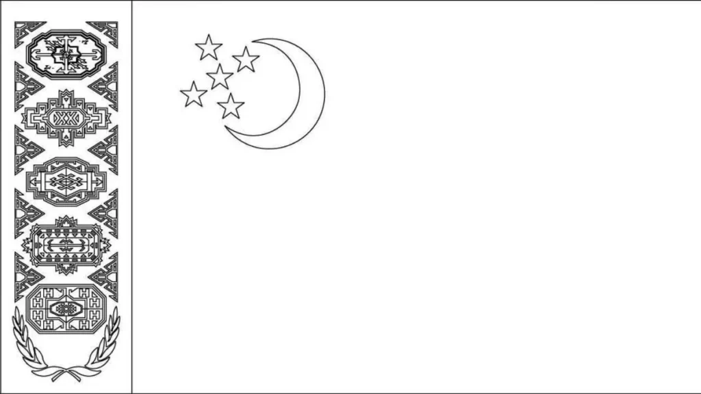 Desenhos das Bandeiras dos Países na letra T Turcomenistão Bandeira do Turcomenistão na letra T: Símbolo nacional com crescente lunar, estrelas e ornamentos tradicionais.