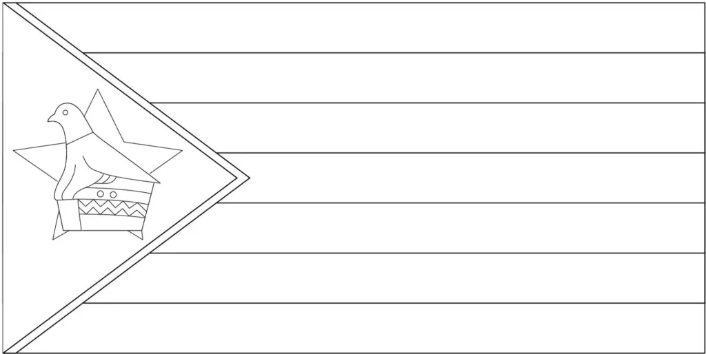 Desenhos das Bandeiras dos Países na letra Z Zimbábue Bandeira do Zimbábue na letra Z: triângulo com o pássaro do Zimbábue sobre uma estrela, listras horizontais coloridas.