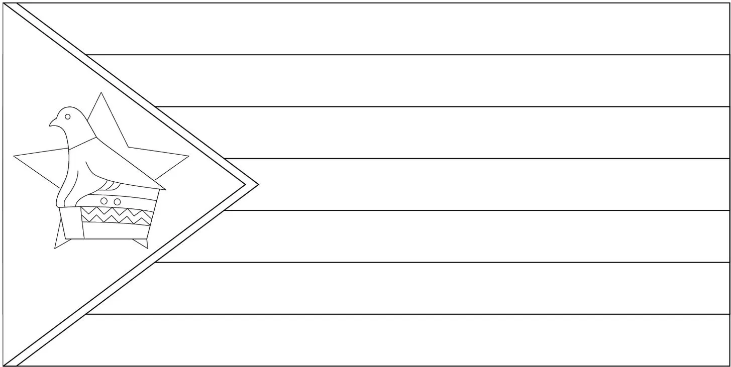 Desenhos das Bandeiras dos Países na letra Z Zimbábue Bandeira do Zimbábue na letra Z: triângulo com o pássaro do Zimbábue sobre uma estrela, listras horizontais coloridas.