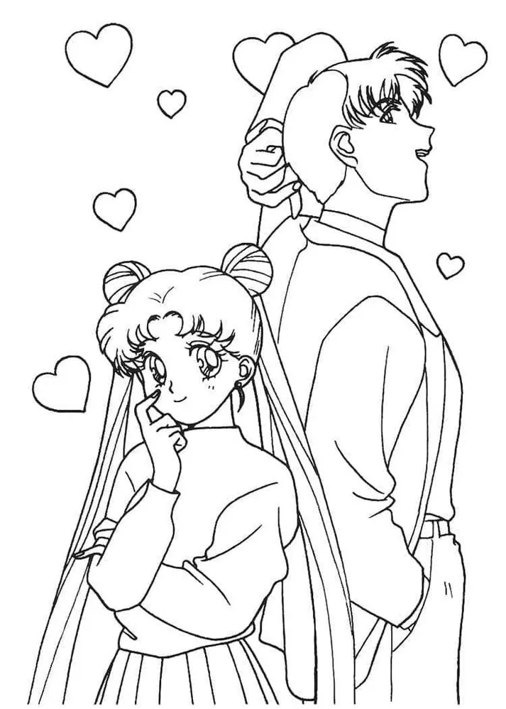 Casal apaixonado em estilo mangá para colorir. Desenho artístico com corações, ideal para expressar o amor.
