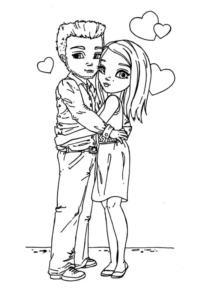 Casal apaixonado se abraçando em desenho para colorir com corações ao redor.