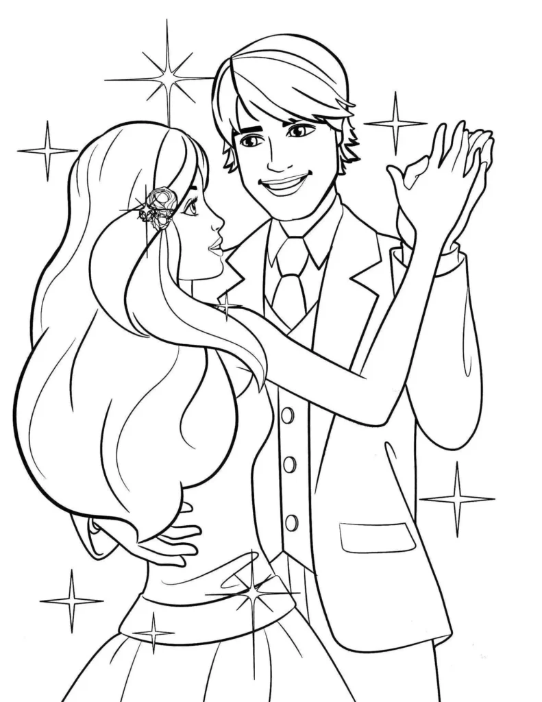 Casal apaixonado dançando sob as estrelas, desenho para colorir.