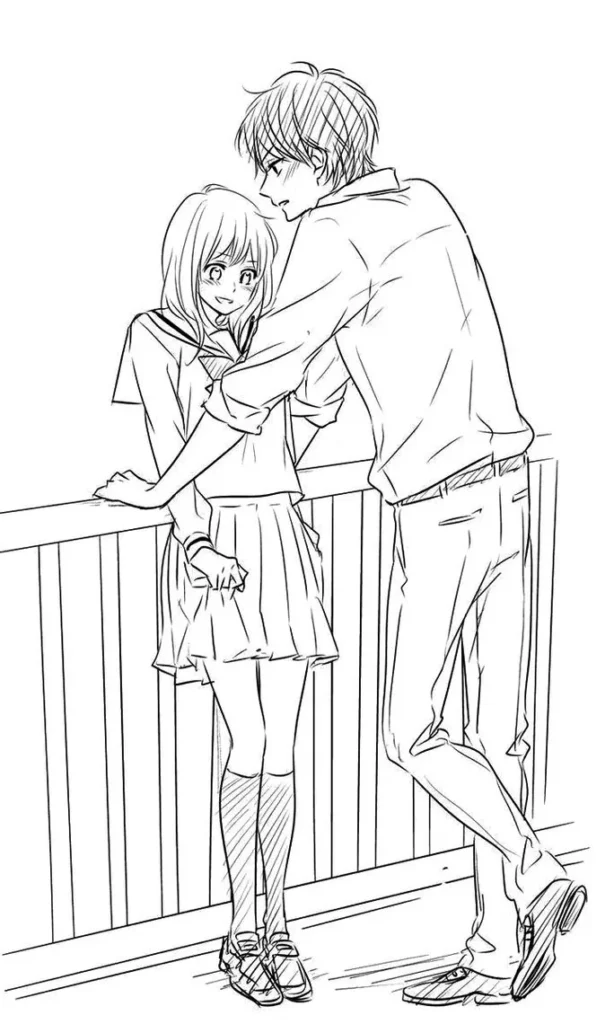 Desenho de casal estilo mangá discutindo perto de grade. Garota de uniforme escolar e rapaz de camisa e calças.