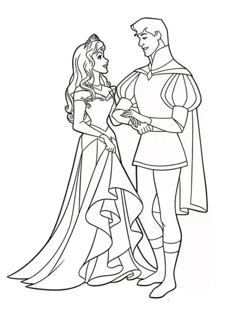 Casal romântico para colorir: príncipe e princesa em desenho artístico.