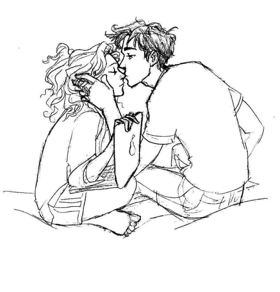 Desenho de casal romântico para colorir: Momento de beijo terno.