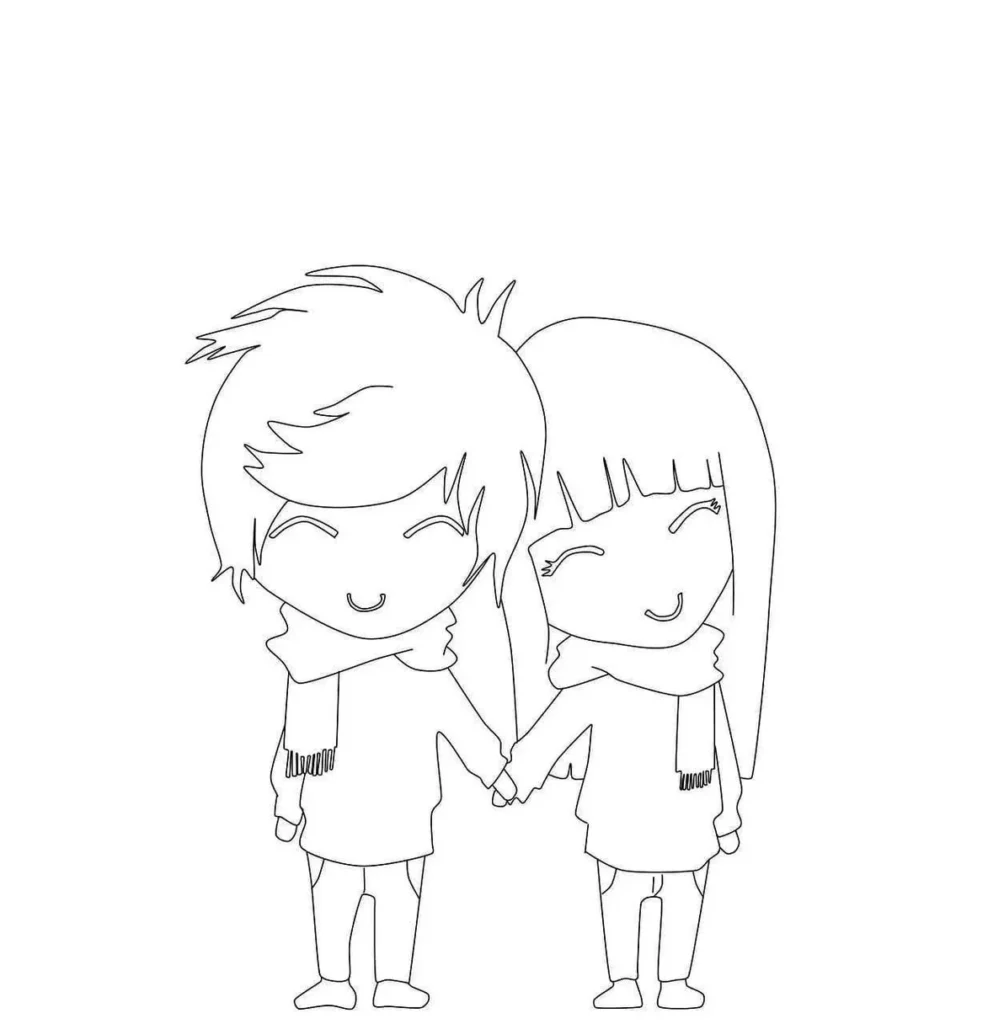 Casal de desenhos animados de mãos dadas para colorir, estilo Tumblr. Menino e menina sorrindo com cachecóis.