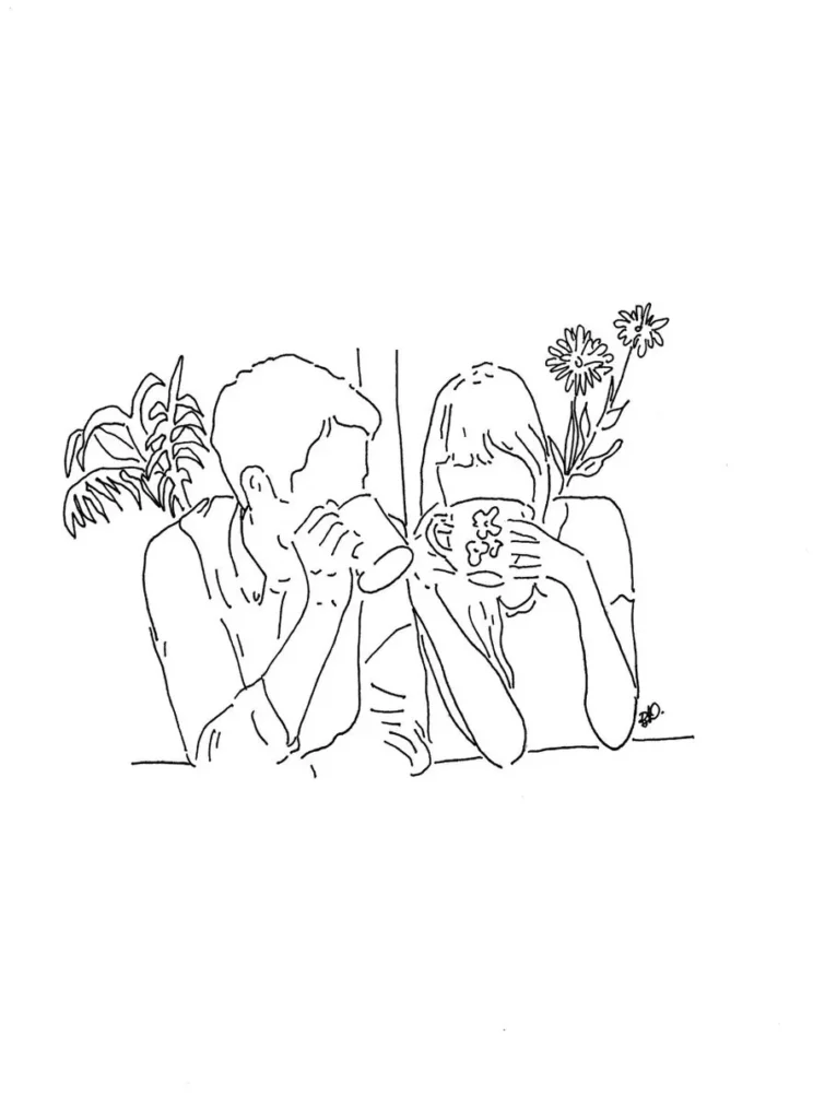 Casal Tumblr bebendo café: desenho para colorir com clima aconchegante
