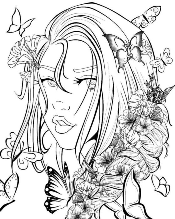 Garota Tumblr com borboletas no cabelo: desenho para colorir e expressar sua criatividade.