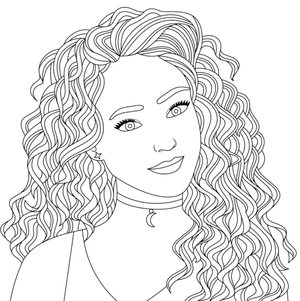 Garota Tumblr com cabelo cacheado para colorir. Arte com jovem sorrindo, colar de lua e brinco de estrela.