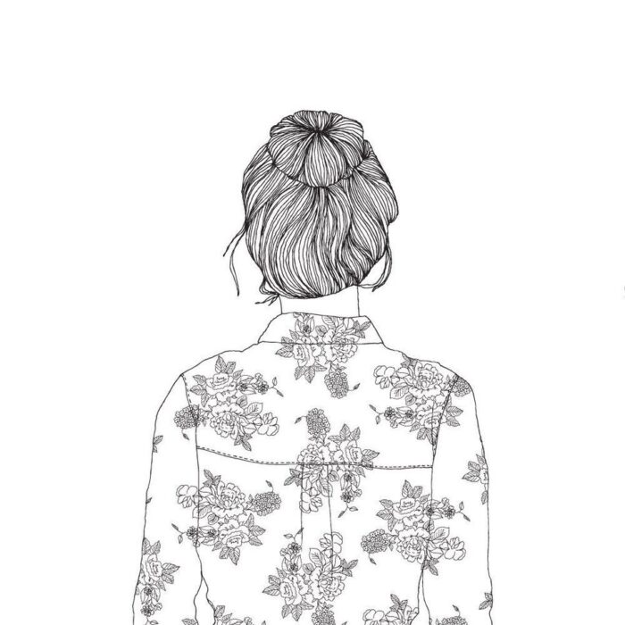 Desenho para colorir de uma garota Tumblr com coque alto e camisa floral