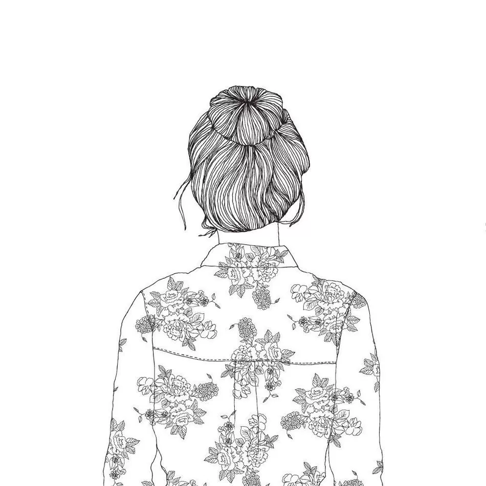 Desenho para colorir de uma garota Tumblr com coque alto e camisa floral