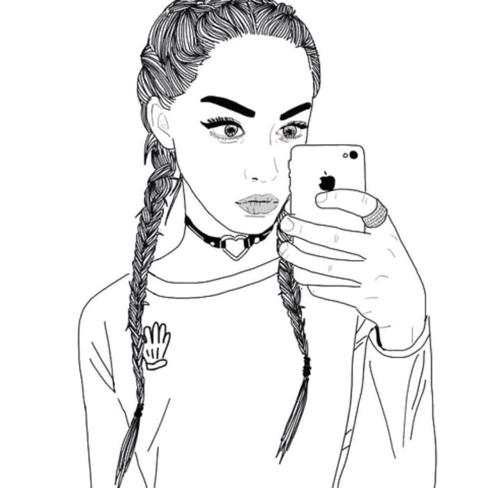Garota Tumblr com cabelo trançado fazendo selfie: desenho para colorir
