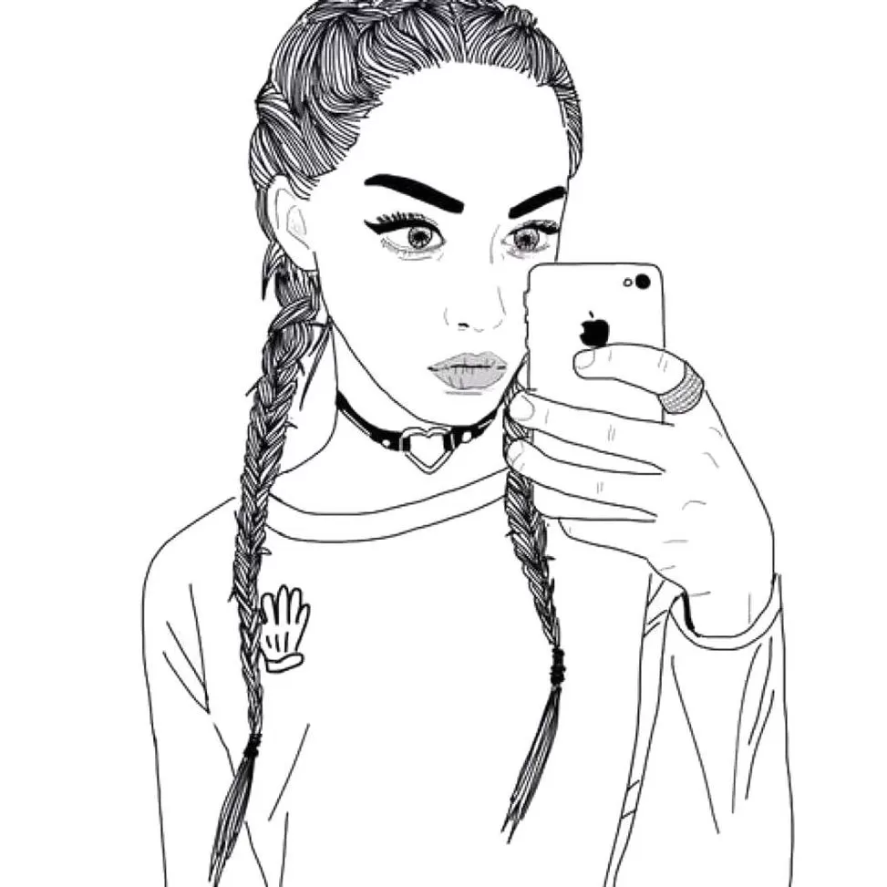 Garota Tumblr com cabelo trançado fazendo selfie: desenho para colorir