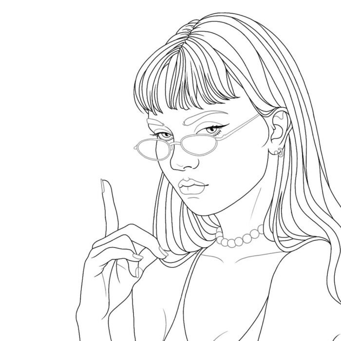 Jovem Tumblr estressada para colorir: arte com óculos e colar de pérolas.