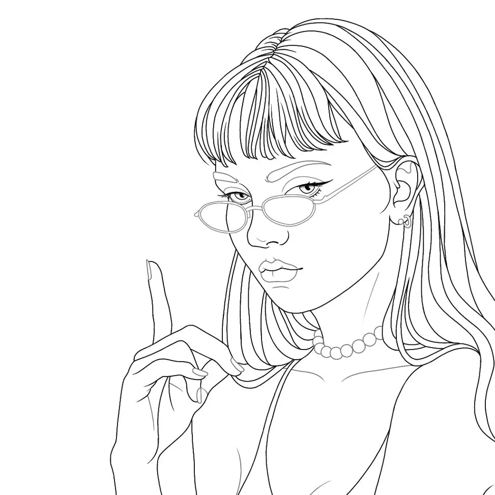 Jovem Tumblr estressada para colorir: arte com óculos e colar de pérolas.