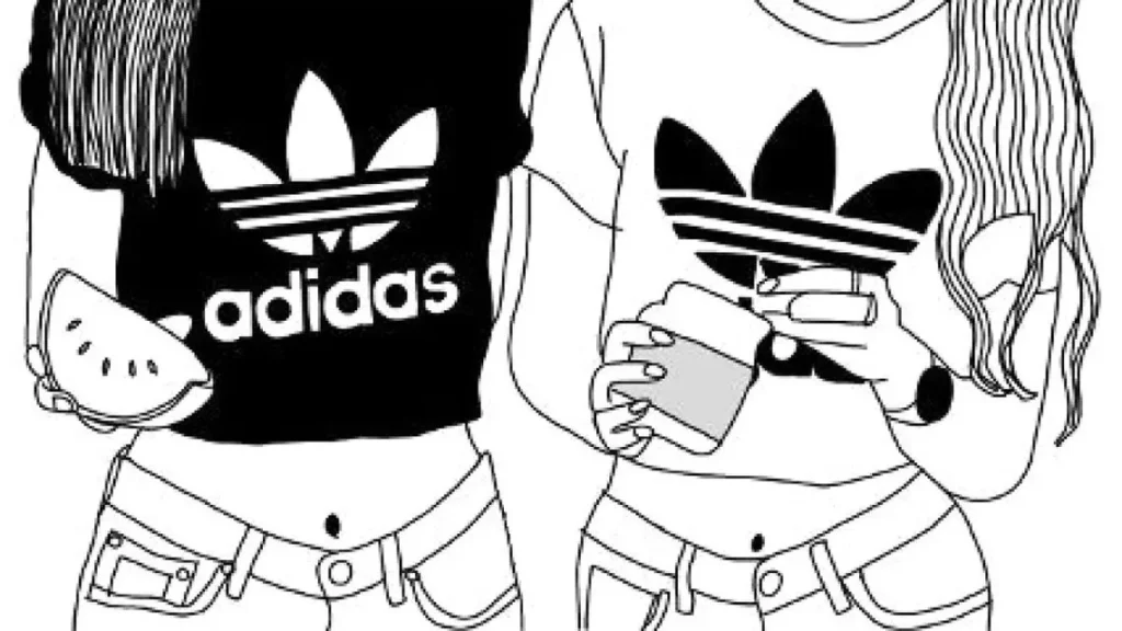 Desenho para colorir: Garotas Tumblr estilosas comendo, vestindo Adidas.