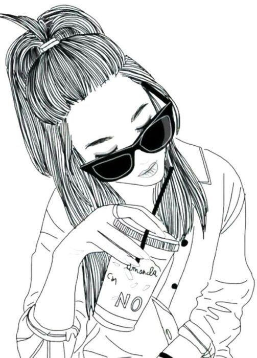Desenho para colorir: Garota Tumblr com óculos escuros e copo 'NO'