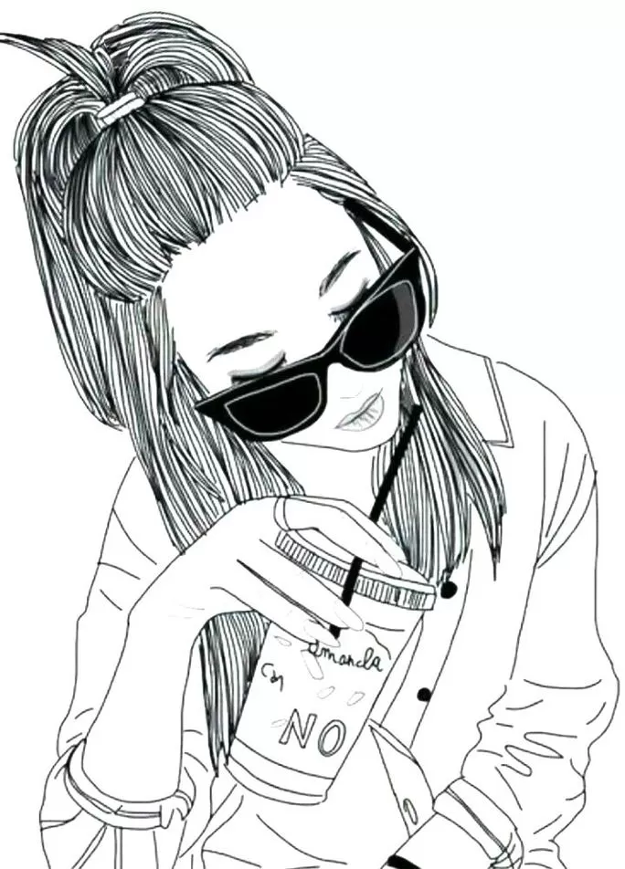Desenho para colorir: Garota Tumblr com óculos escuros e copo 'NO'