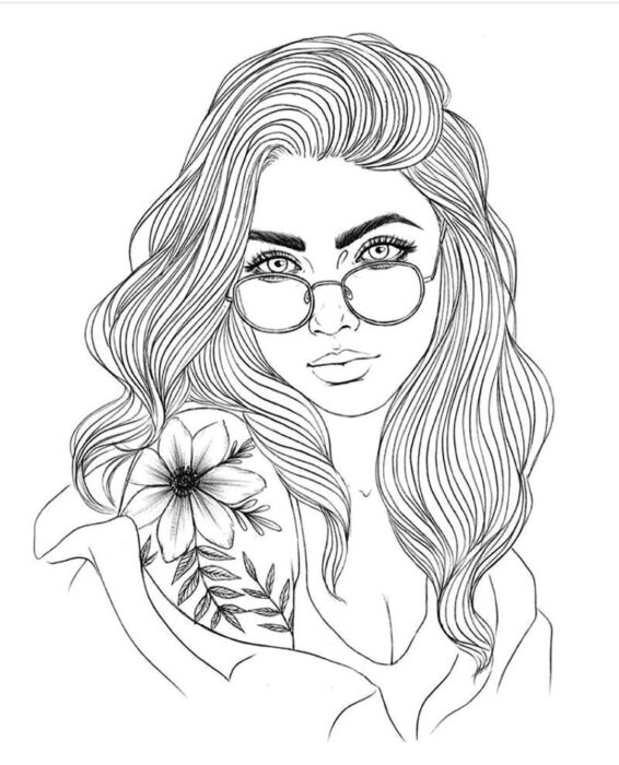 Desenho de menina Tumblr com óculos para colorir. Jovem com olhar expressivo e flor no ombro.