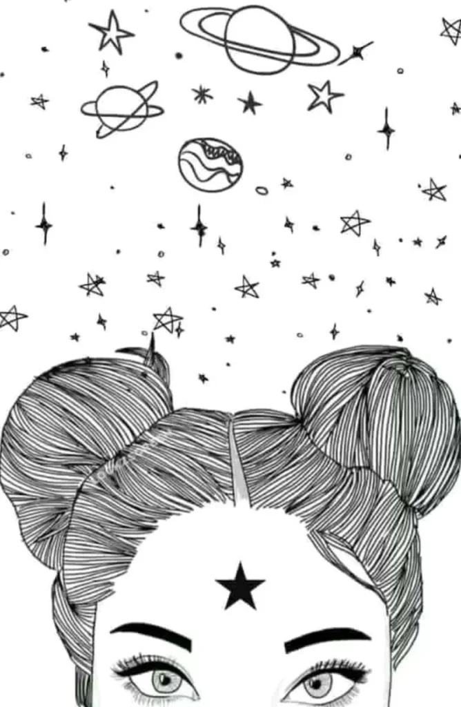 Desenho para colorir: Garota Tumblr com coques e universo cósmico