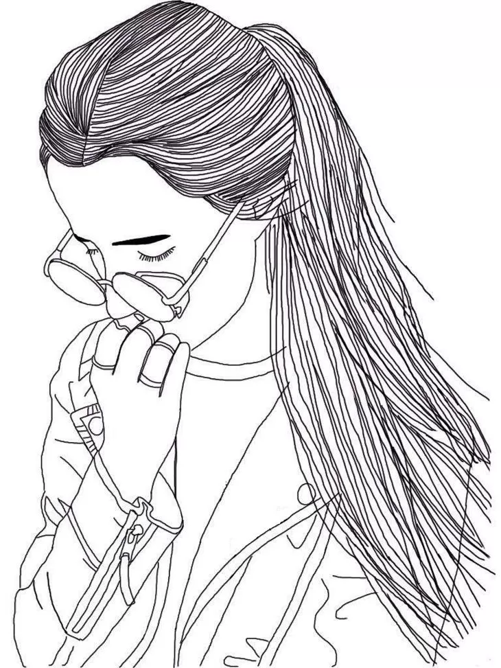 Garota Tumblr com óculos para colorir: Desenho expressivo de uma jovem pensativa.