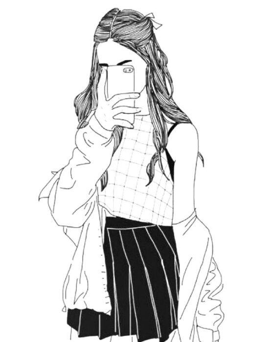 Garota Tumblr em pose de selfie para colorir: moda xadrez e estilo jovial.