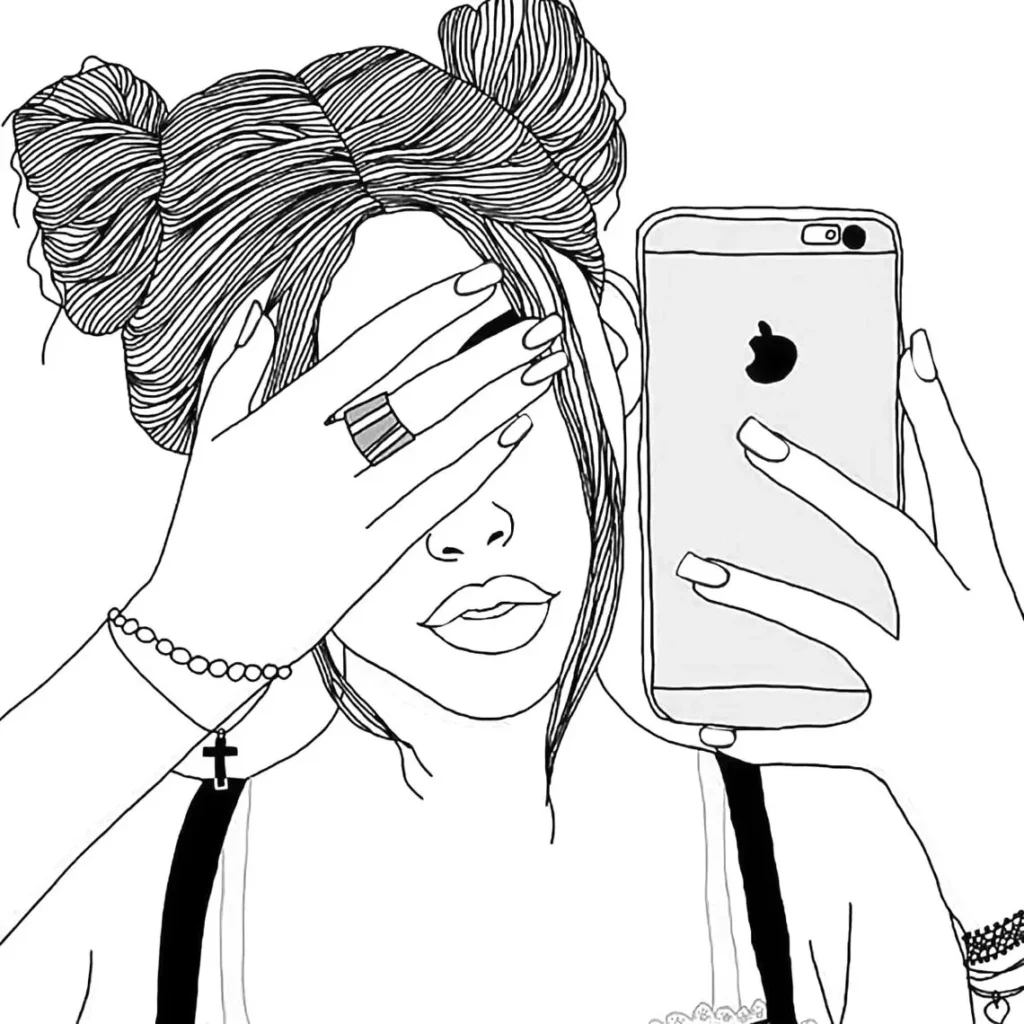 Desenho para colorir de garota Tumblr com celular e coques no cabelo, cobrindo um olho.