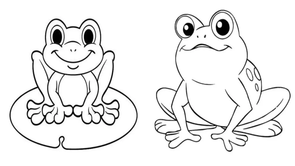 Desenhos de Sapos para pintar Sapinhos sentados Sapos caricaturais sentados para colorir. Um sapinho sorri sobre uma folha, o outro tem grandes olhos e manchas.