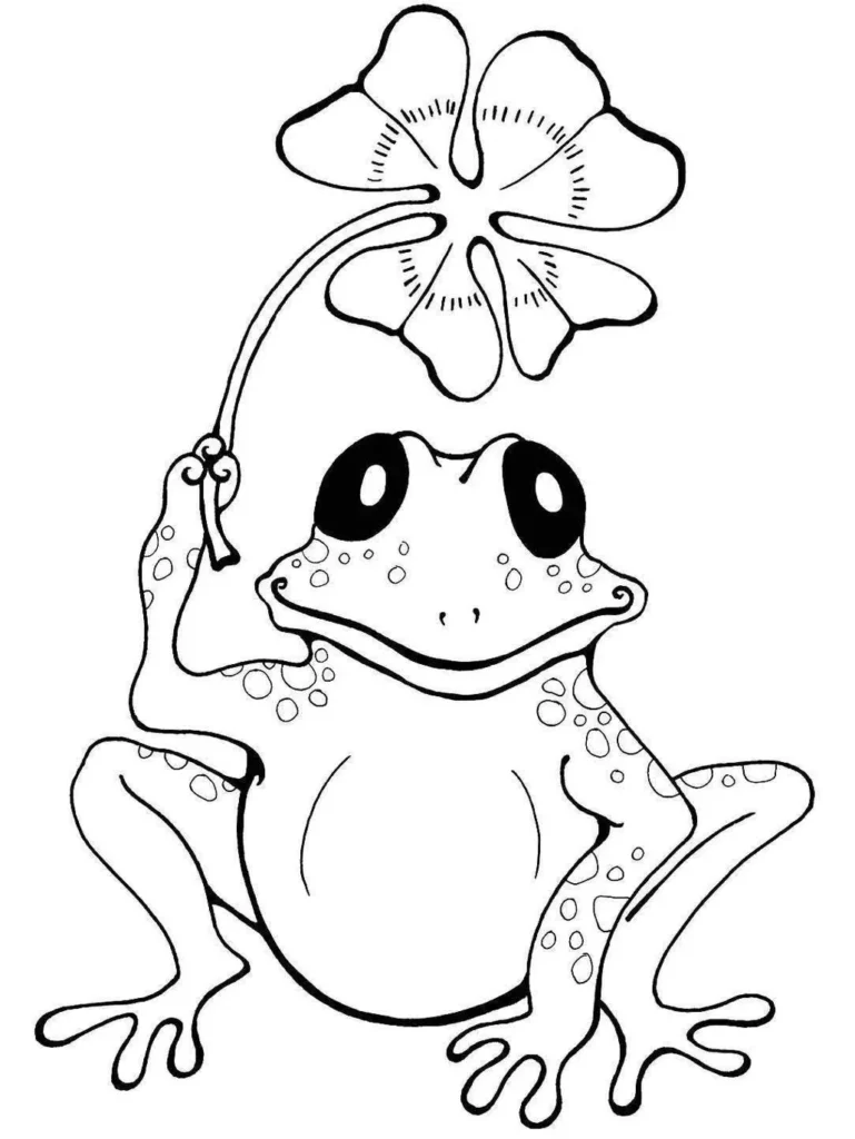 Desenhos de Sapos para pintar Sapo segurando a flor Sapo sorrindo segurando flor de trevo para colorir. Desenho de anfíbio com corpo arredondado e manchas.