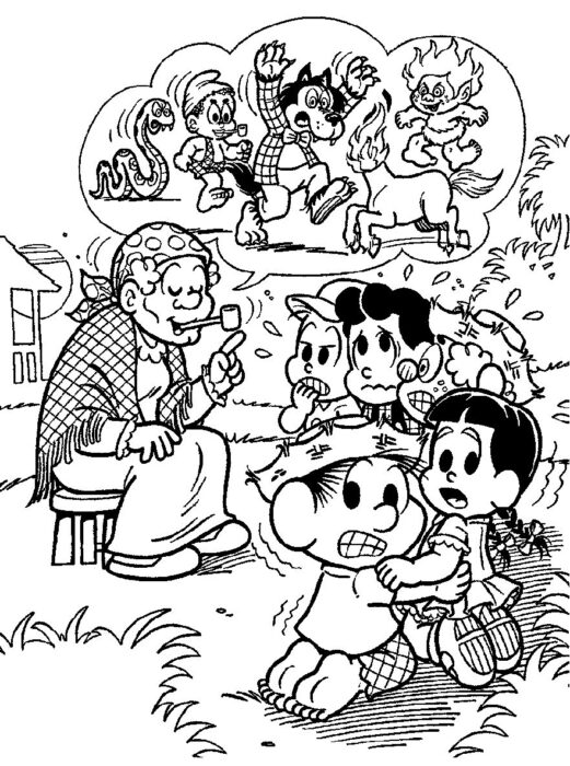 Desenhos para colorir do Folclore Brasileiro: Cena vibrante com contadora de histórias e criaturas míticas como Saci, Lobisomem e Mula-Sem-Cabeça, ideal para crianças. Descubra a magia do folclore brasileiro!