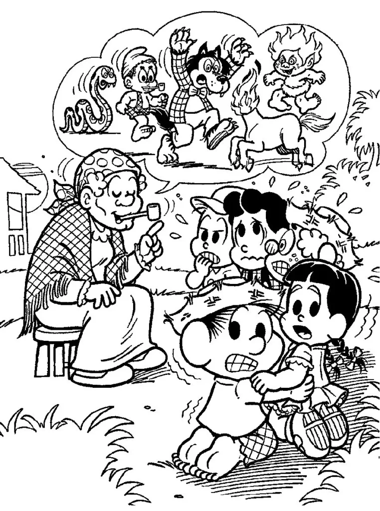 Desenhos para colorir do Folclore Brasileiro: Cena vibrante com contadora de histórias e criaturas míticas como Saci, Lobisomem e Mula-Sem-Cabeça, ideal para crianças. Descubra a magia do folclore brasileiro!