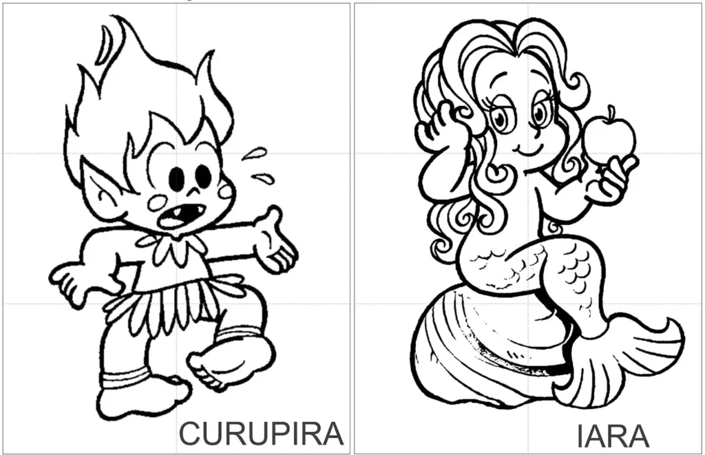 Desenho para colorir: Curupira e Iara, personagens do folclore brasileiro. Atividade infantil para aprender sobre a cultura do Brasil.